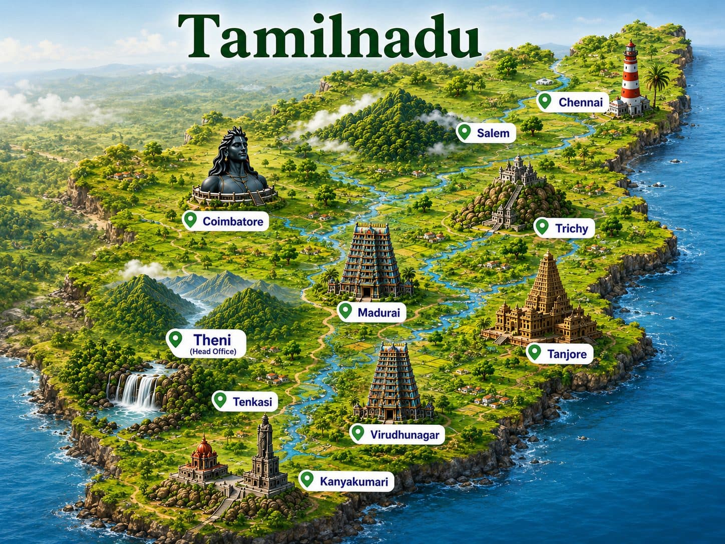 Tamil Nadu map showing SquareGate coverage cities, with the Theni head office highlighted